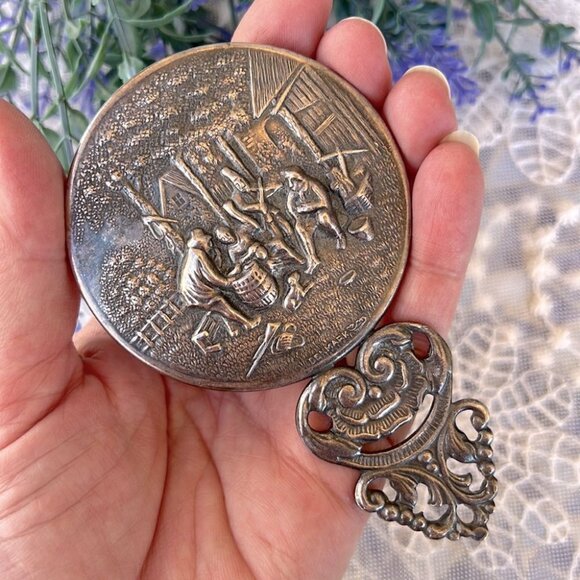 Vintage Hans Jensen Denmark Silver-plate Pocket/Purse Mirror Country Music Scene - Picture 2 of 9